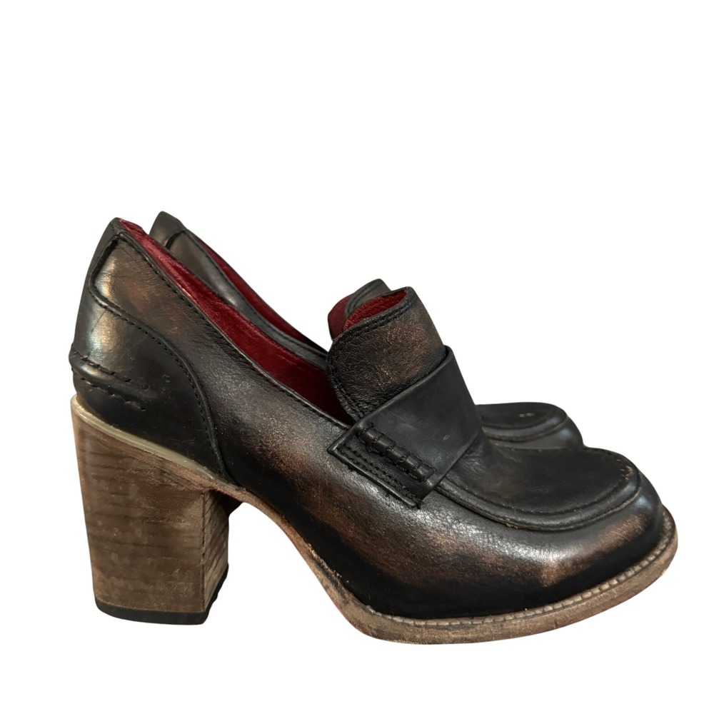 Freebird by Steven Black Distressed Leather Penny Loafer Block Heels